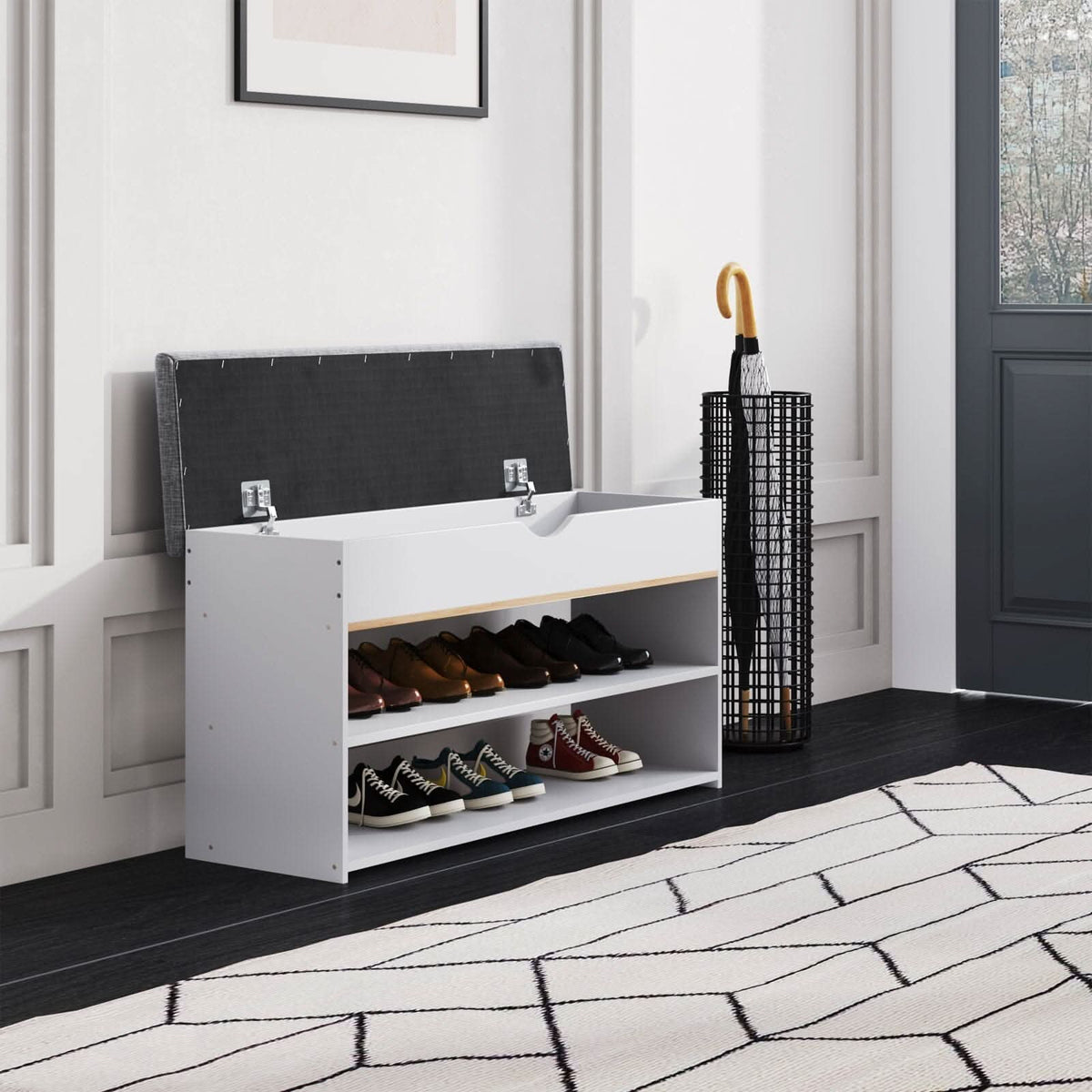Shoe Storage Bench With Flip-Top Cushion & Open Shelves Hallway Organiser