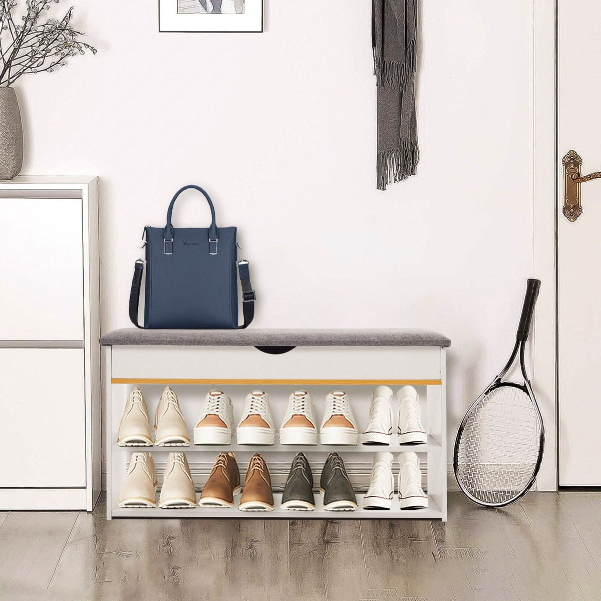 Shoe Storage Bench With Flip-Top Cushion & Open Shelves Hallway Organiser