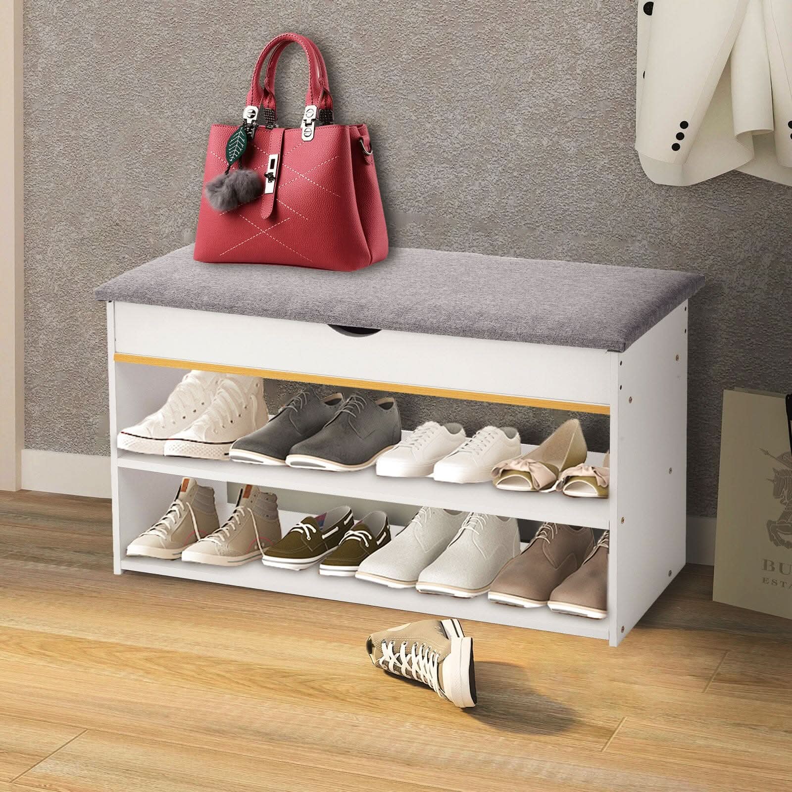 Shoe Storage Bench With Flip-Top Cushion & Open Shelves Hallway Organiser