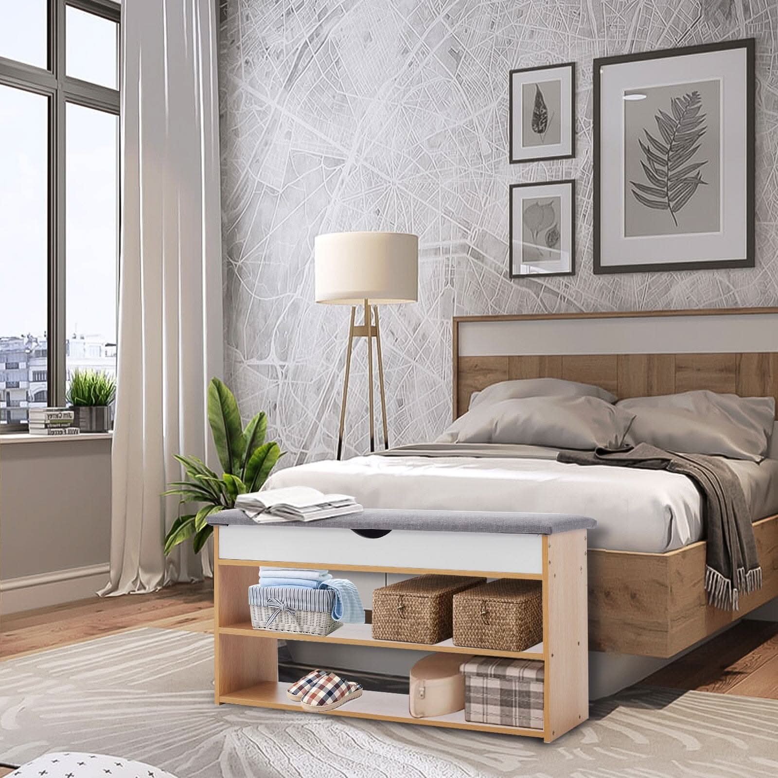 Shoe Storage Bench With Flip-Top Cushion & Open Shelves Hallway Organiser