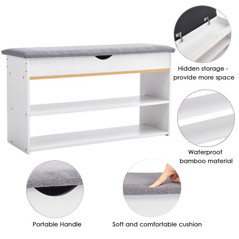 Shoe Storage Bench With Flip-Top Cushion & Open Shelves Hallway Organiser