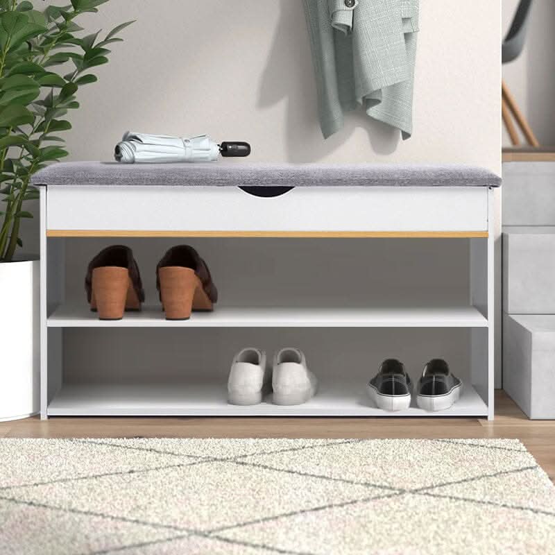 Shoe Storage Bench With Flip-Top Cushion & Open Shelves Hallway Organiser