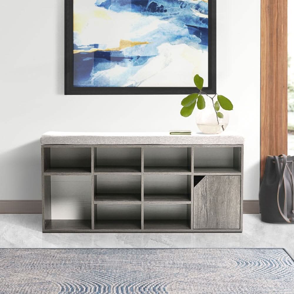 Wood Effect Shoe Storage Bench With Linen Cushion 10-Compartment Hallway Organiser