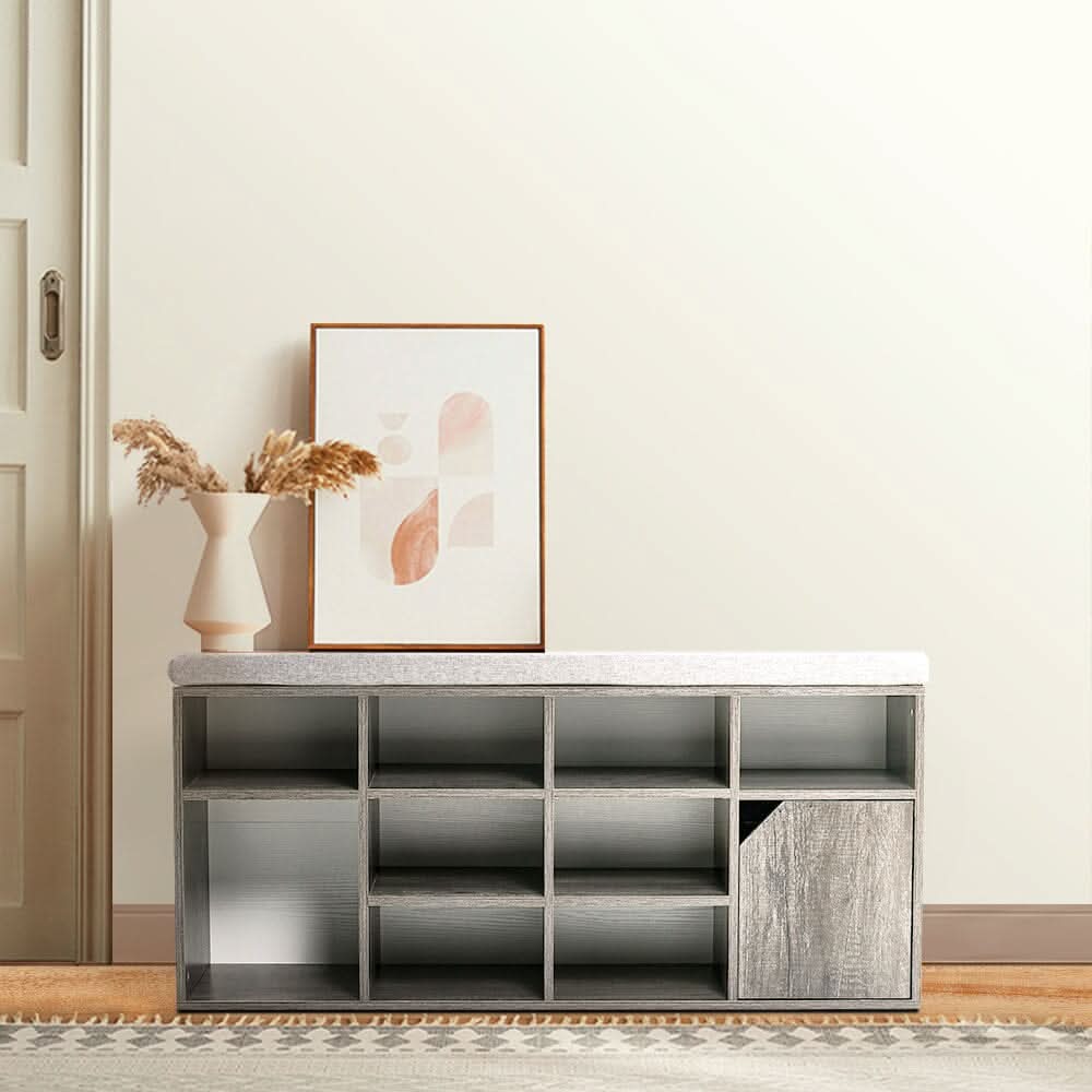Wood Effect Shoe Storage Bench With Linen Cushion 10-Compartment Hallway Organiser