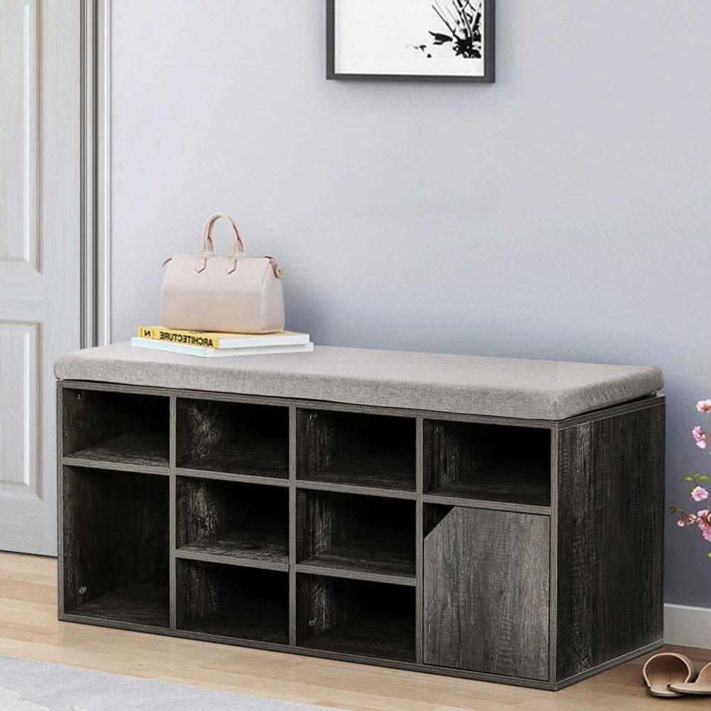 Wood Effect Shoe Storage Bench With Linen Cushion 10-Compartment Hallway Organiser