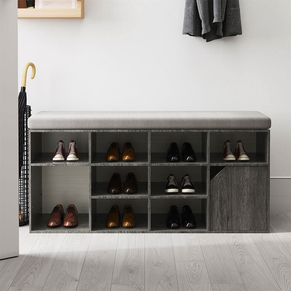 Wood Effect Shoe Storage Bench With Linen Cushion 10-Compartment Hallway Organiser