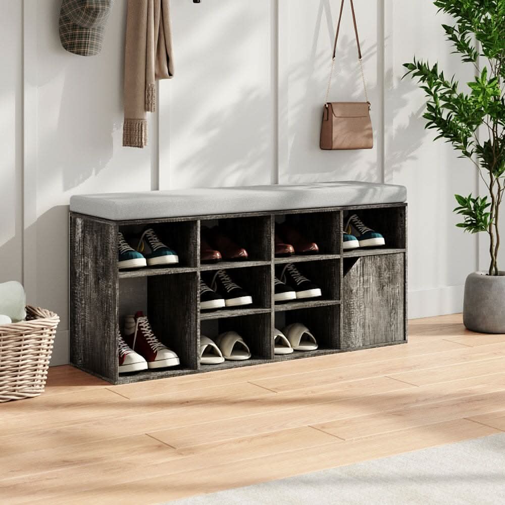 Wood Effect Shoe Storage Bench With Linen Cushion 10-Compartment Hallway Organiser