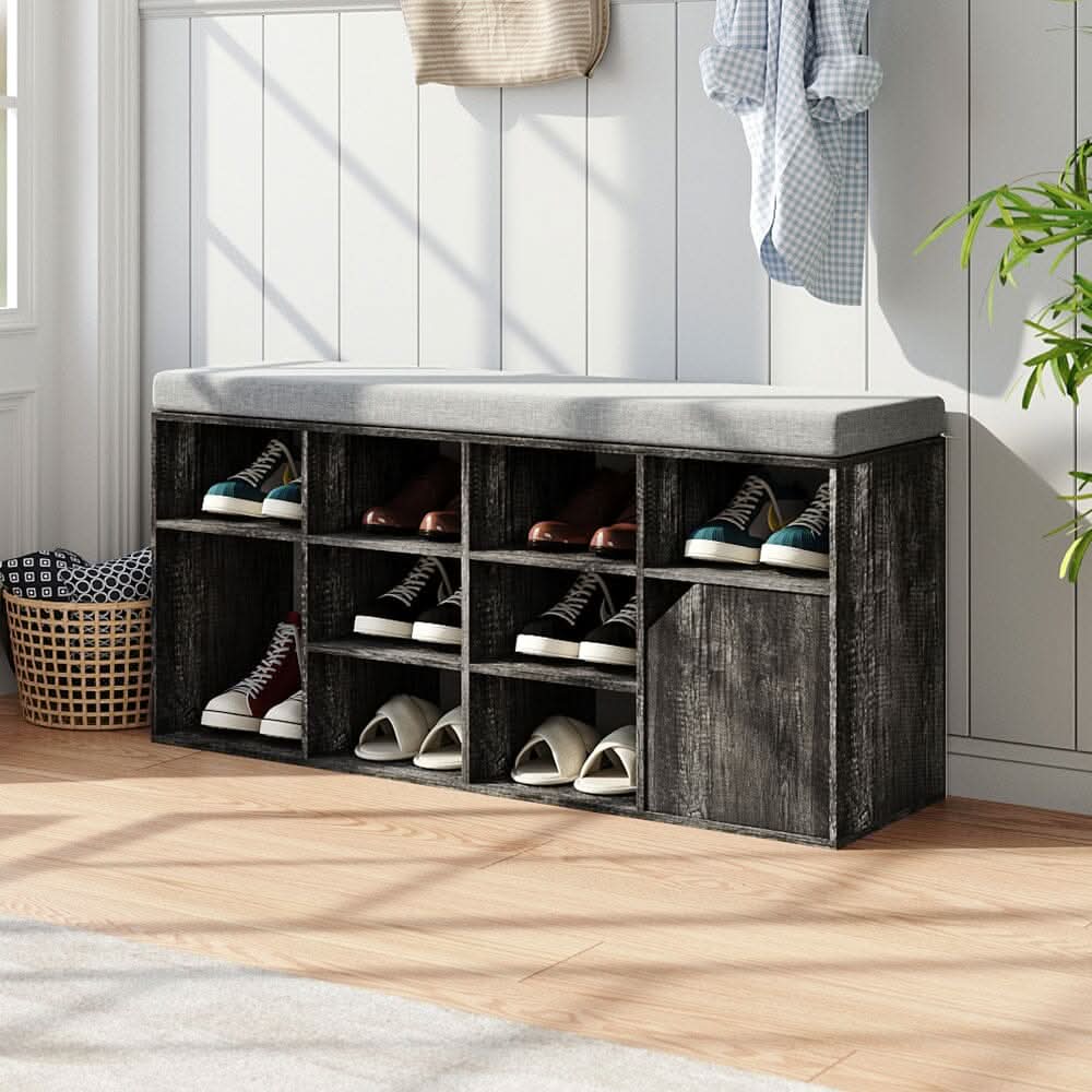 Wood Effect Shoe Storage Bench With Linen Cushion 10-Compartment Hallway Organiser