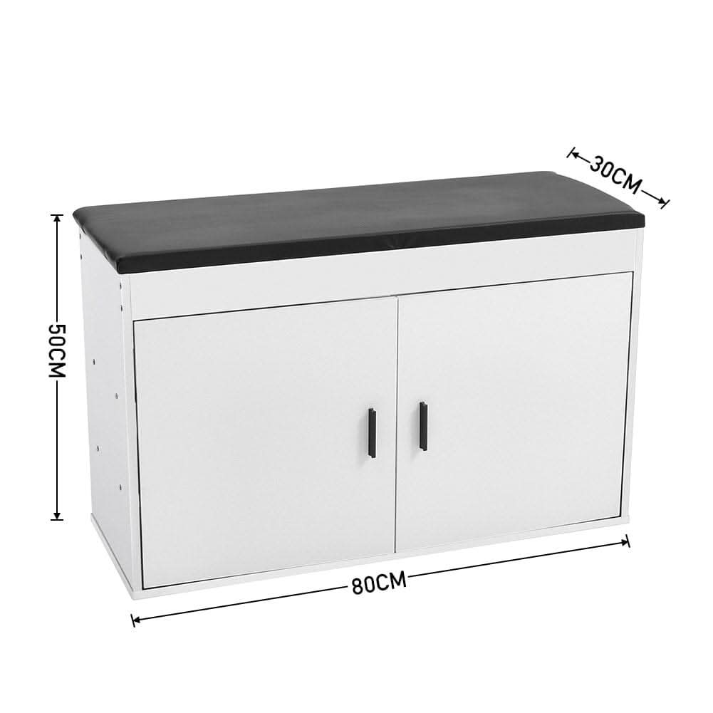 White 2-Door Shoe Storage Bench With Black PU Cushion Hallway Organiser