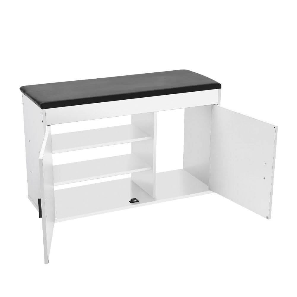 White 2-Door Shoe Storage Bench With Black PU Cushion Hallway Organiser