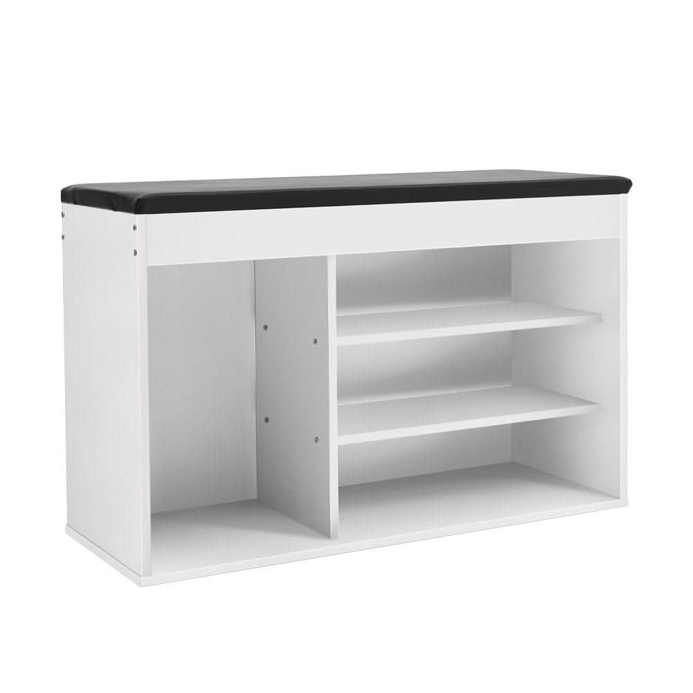 White 2-Door Shoe Storage Bench With Black PU Cushion Hallway Organiser