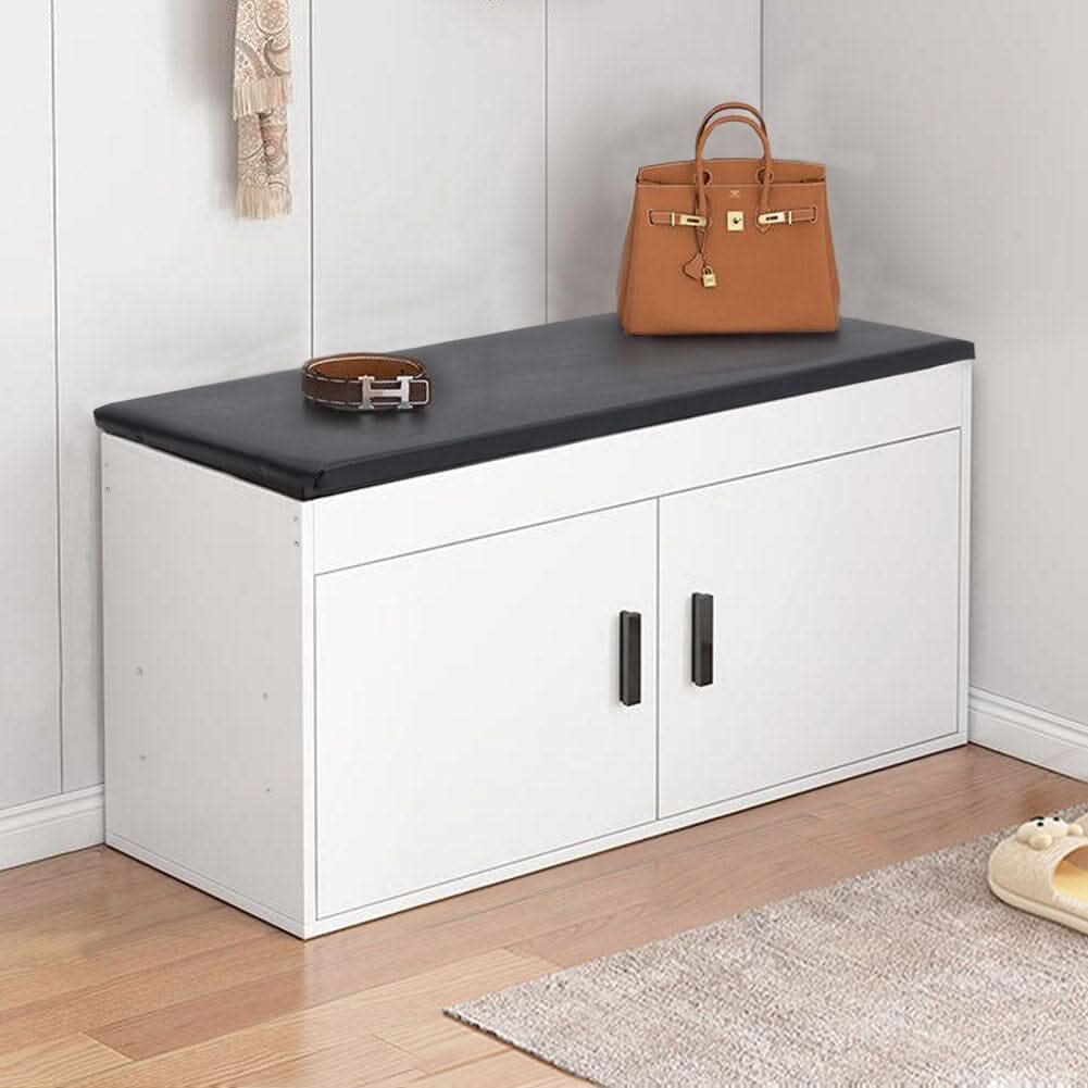 White 2-Door Shoe Storage Bench With Black PU Cushion Hallway Organiser