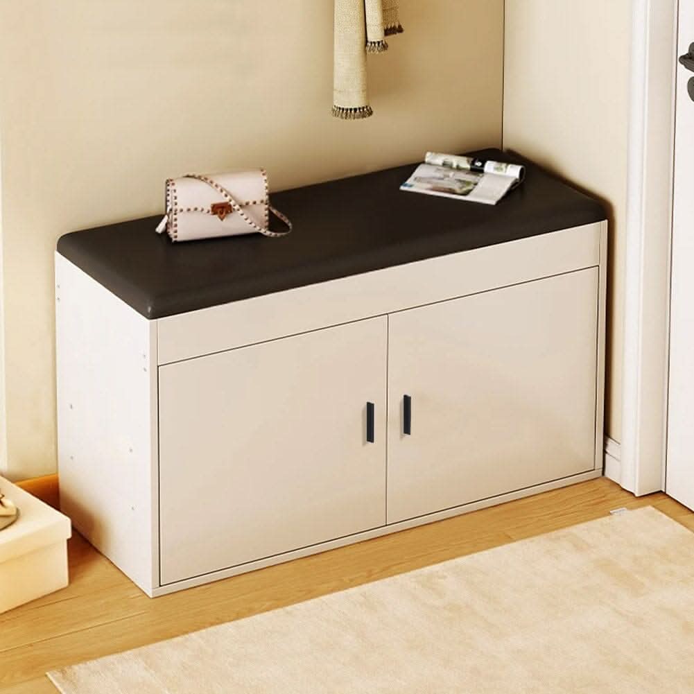 White 2-Door Shoe Storage Bench With Black PU Cushion Hallway Organiser