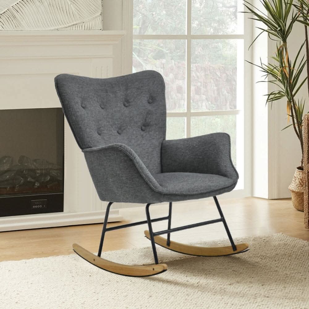 Modern Linen Fabric Rocking Chair with Oak Rocking Legs