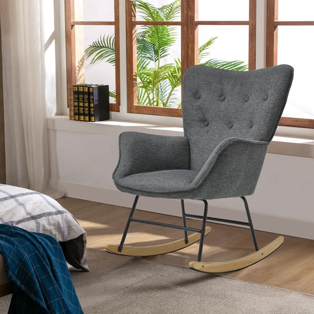 Modern Linen Fabric Rocking Chair with Oak Rocking Legs