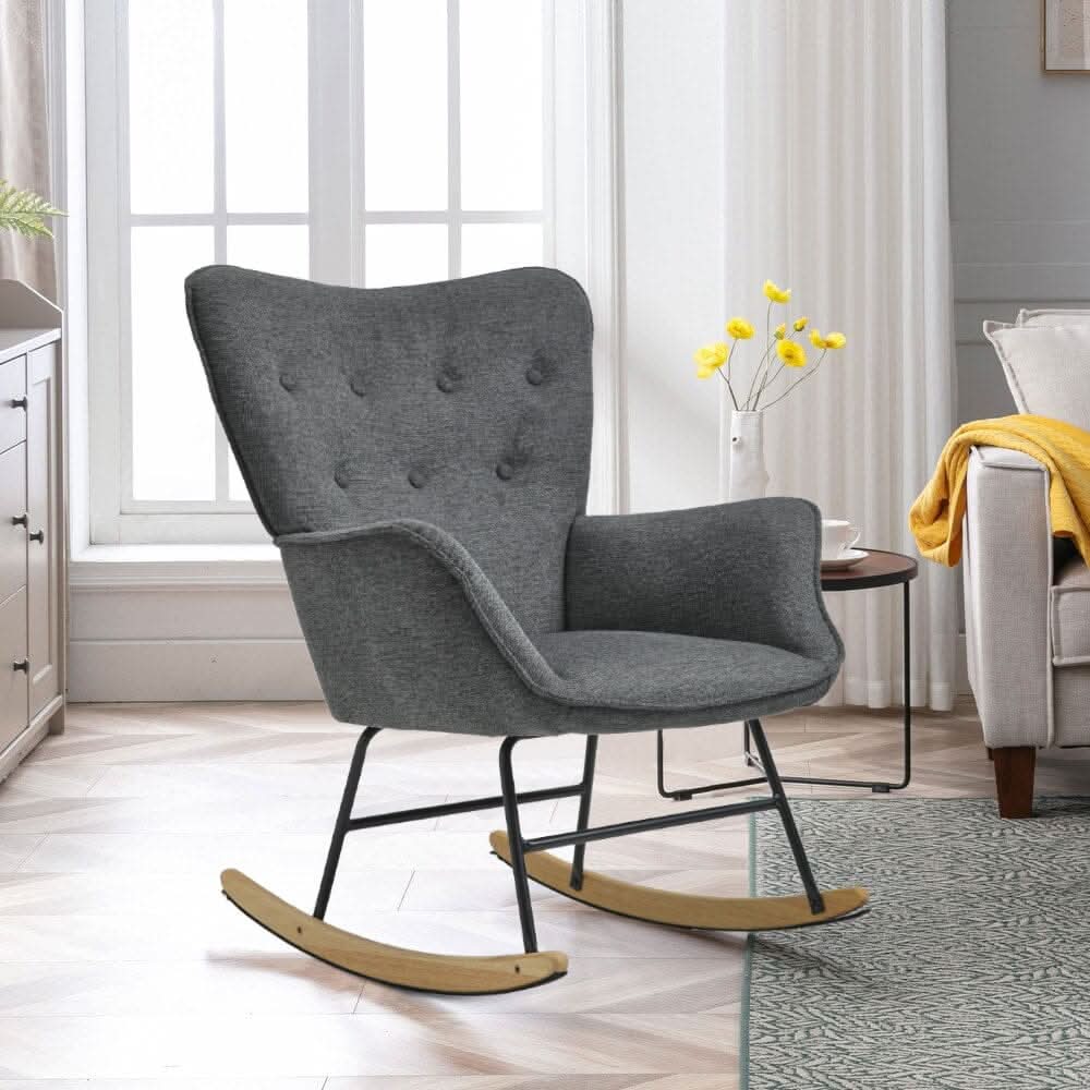 Modern Linen Fabric Rocking Chair with Oak Rocking Legs