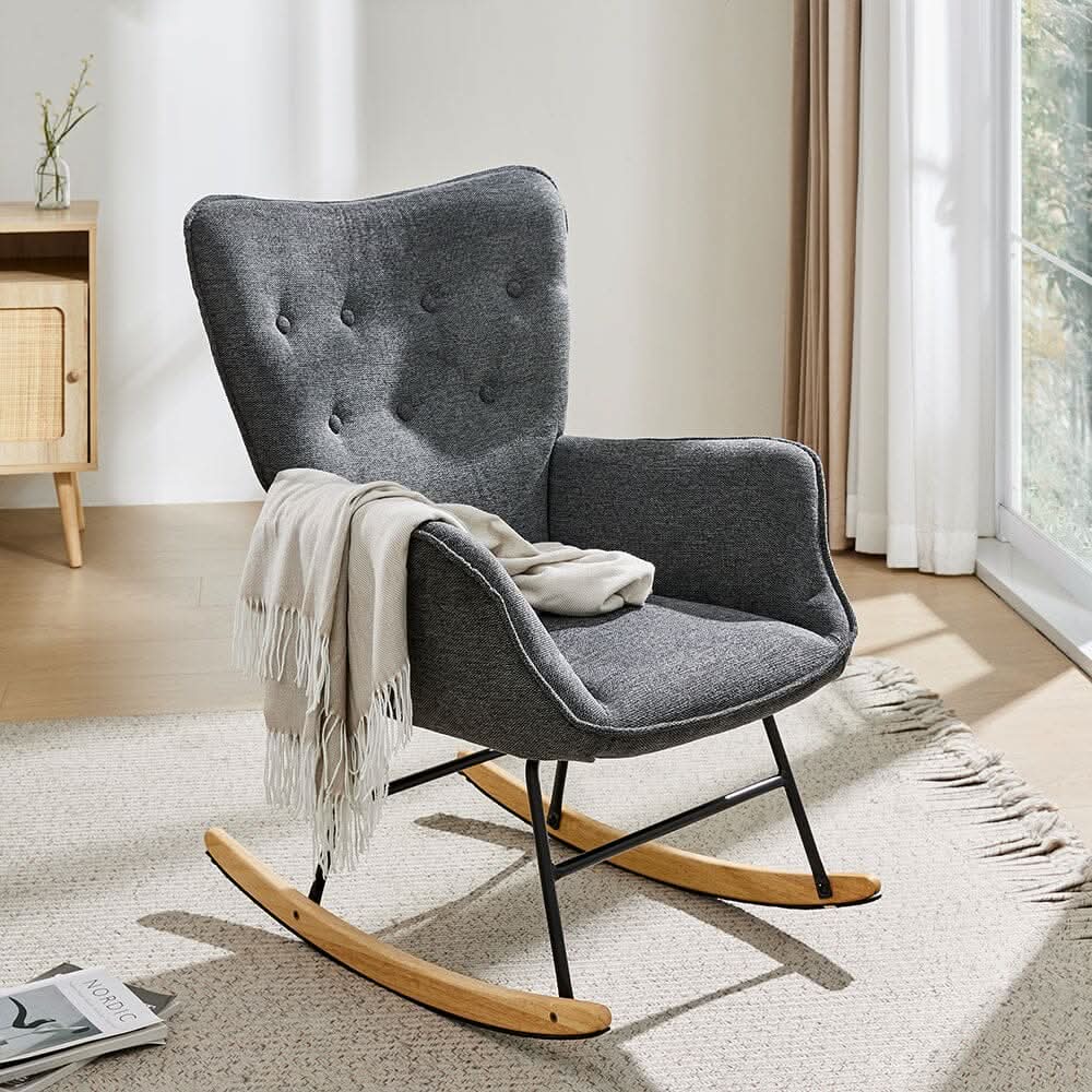 Modern Linen Fabric Rocking Chair with Oak Rocking Legs