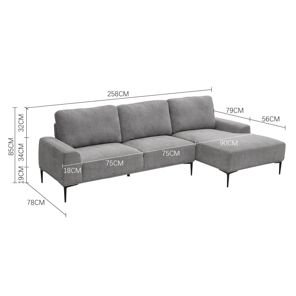2 Seater Chaise Corner Sofa Light Grey Polyester Wood Frame Spring Cushion