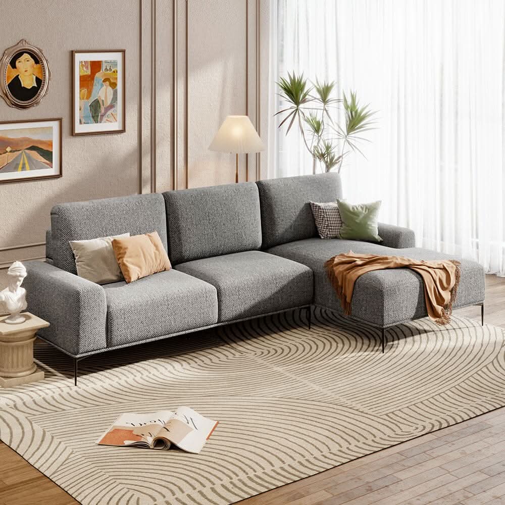 2 Seater Chaise Corner Sofa Light Grey Polyester Wood Frame Spring Cushion