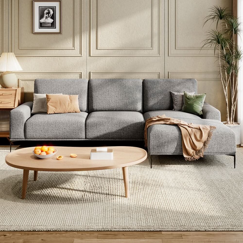 2 Seater Chaise Corner Sofa Light Grey Polyester Wood Frame Spring Cushion