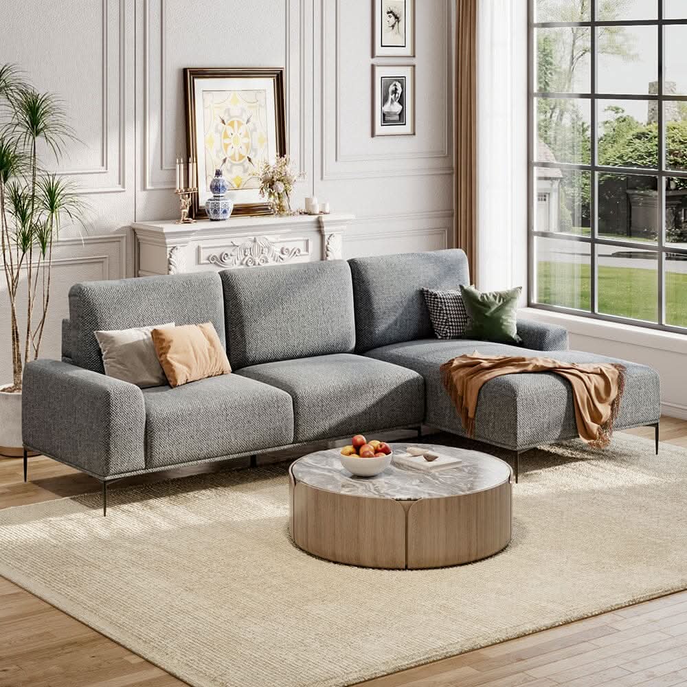 2 Seater Chaise Corner Sofa Light Grey Polyester Wood Frame Spring Cushion