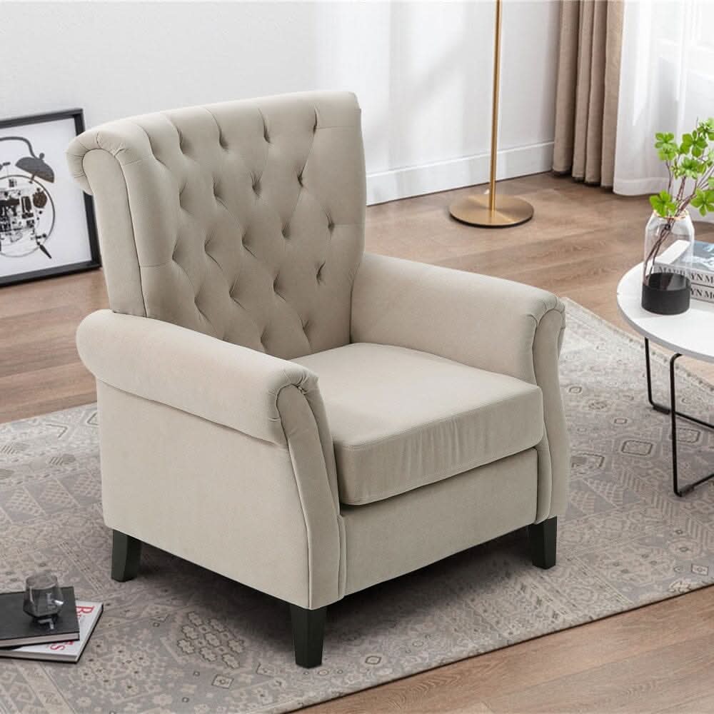 Accent Chair Velvet Beige Grey Oak Legs Wooden Frame