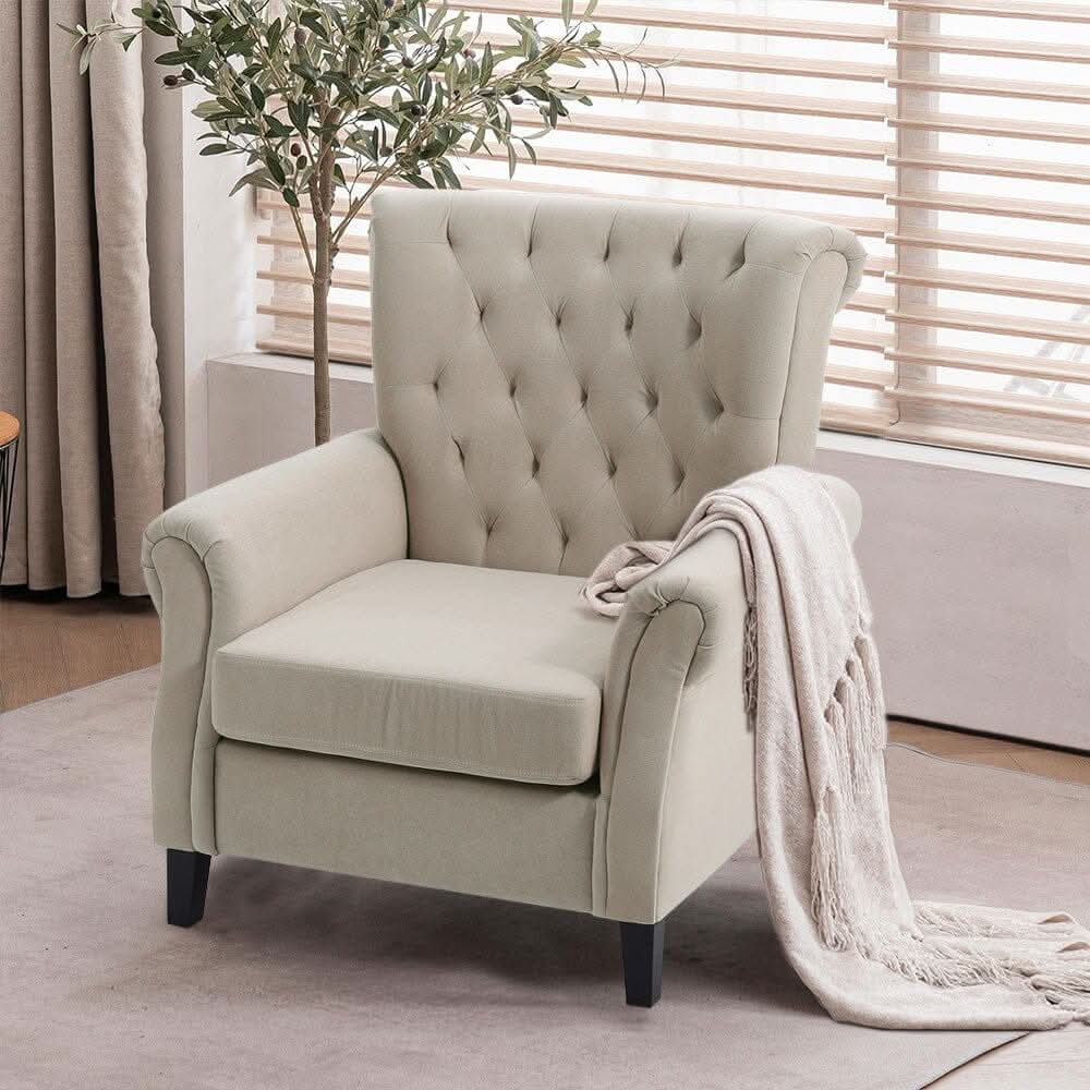 Accent Chair Velvet Beige Grey Oak Legs Wooden Frame