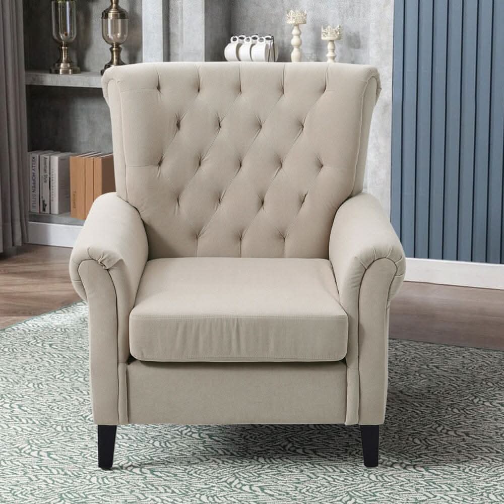 Accent Chair Velvet Beige Grey Oak Legs Wooden Frame
