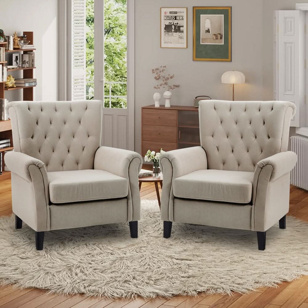 Accent Chair Velvet Beige Grey Oak Legs Wooden Frame