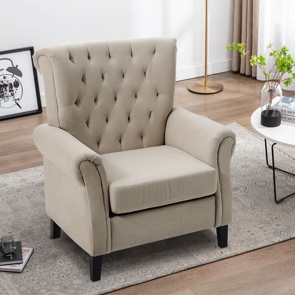 Accent Chair Velvet Beige Grey Oak Legs Wooden Frame