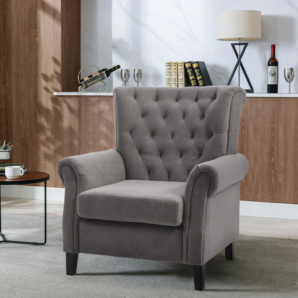 Accent Chair Velvet Beige Grey Oak Legs Wooden Frame
