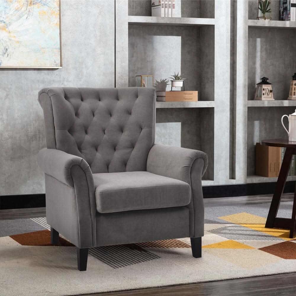 Accent Chair Velvet Beige Grey Oak Legs Wooden Frame