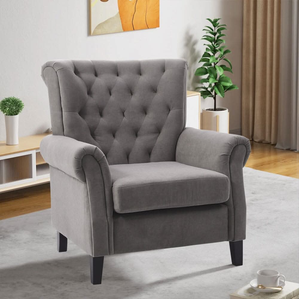 Accent Chair Velvet Beige Grey Oak Legs Wooden Frame