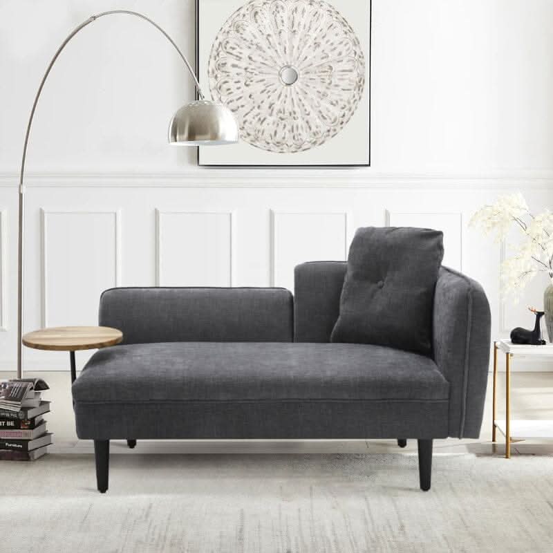 Chaise Lounge with Side Table Grey Fine Linen Oak Legs Wooden Frame