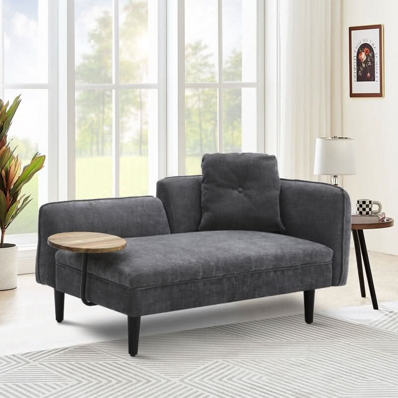 Chaise Lounge with Side Table Grey Fine Linen Oak Legs Wooden Frame