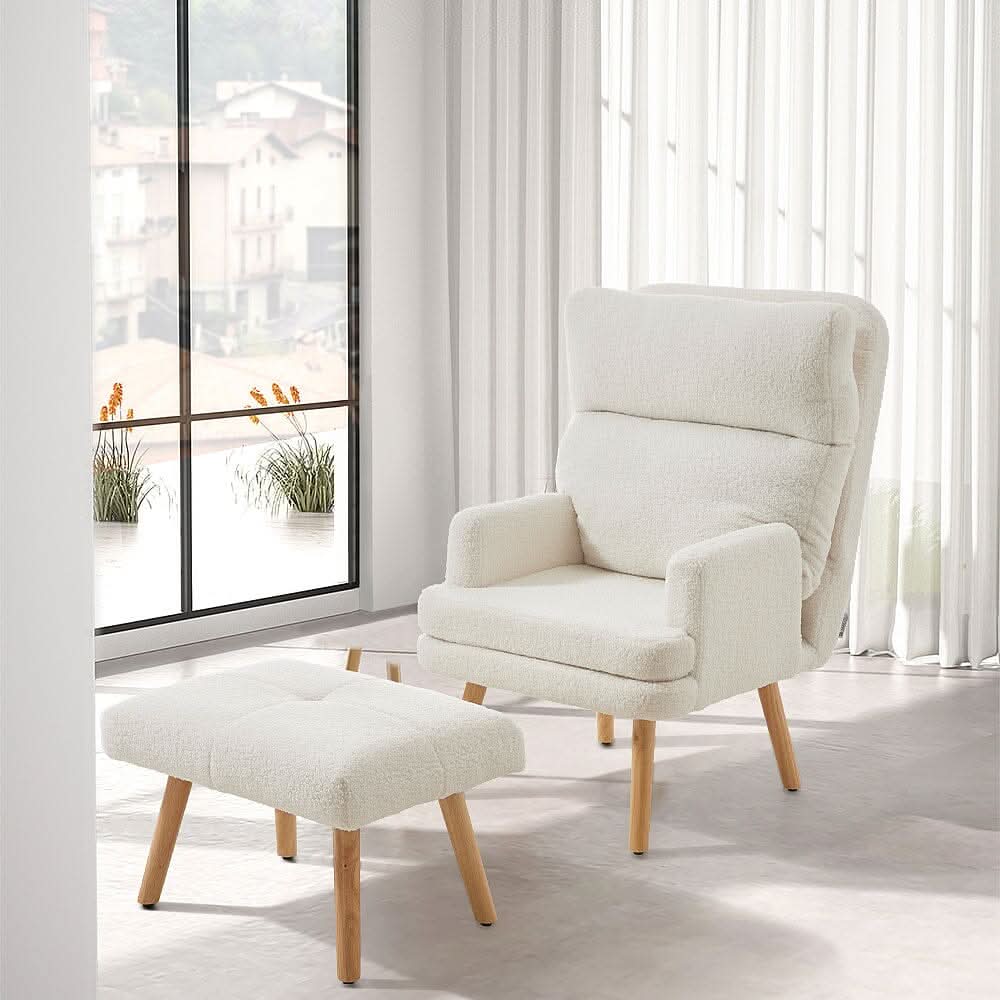 Wooden Legs Velvet Armchair Chair with Footrest
