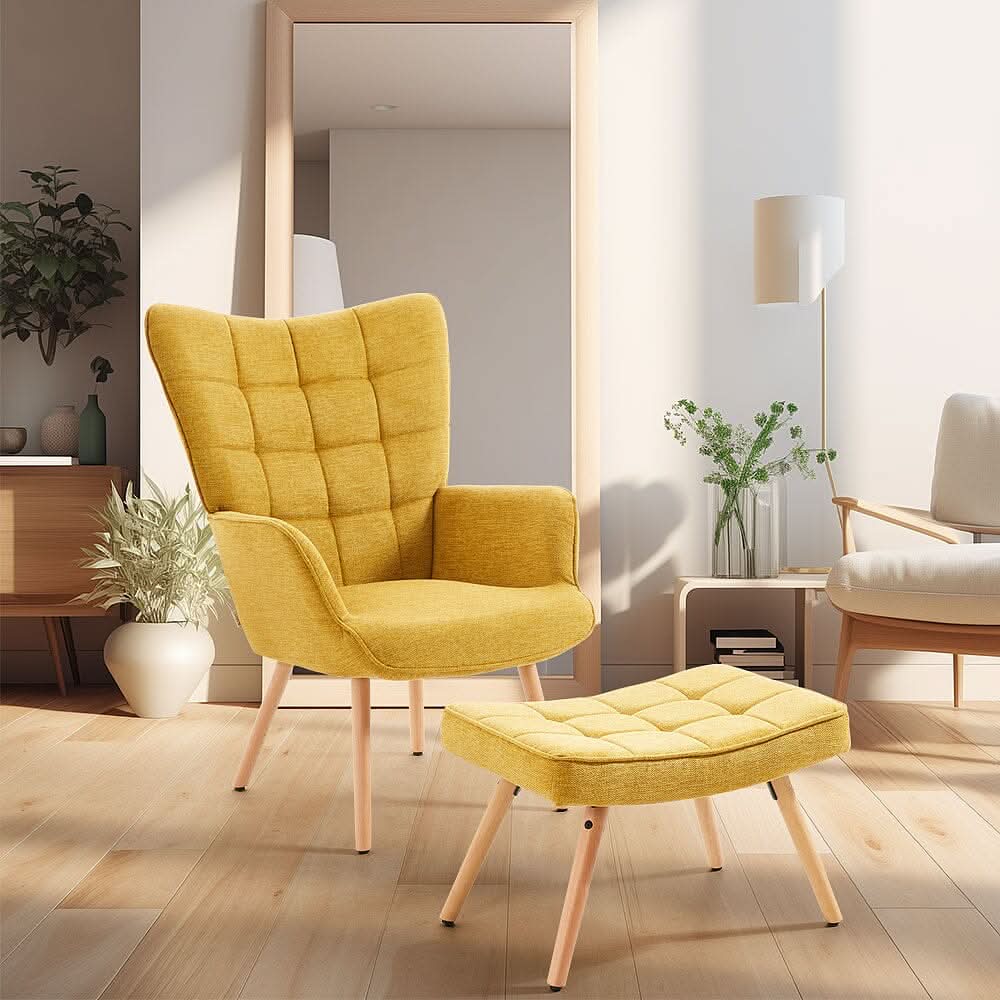 Mustard Linen Accent Chair with Ottoman