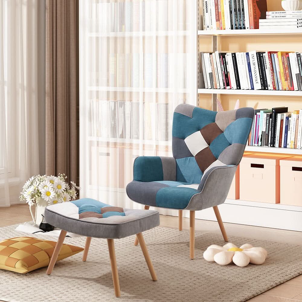 Patchwork Accent Chair with Ottoman
