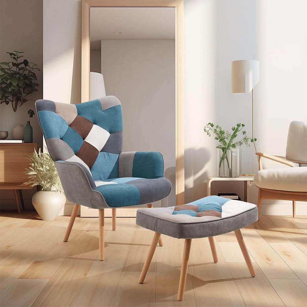 Patchwork Accent Chair with Ottoman