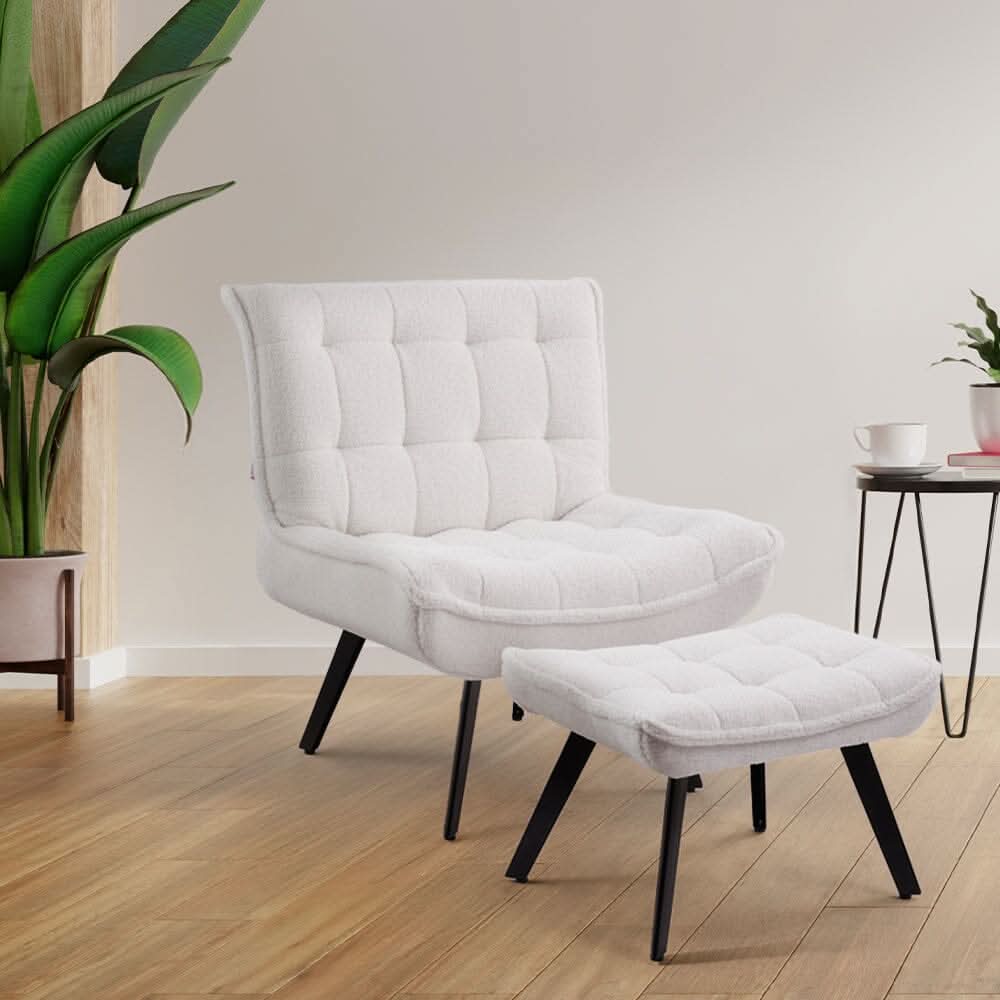 Cloud-Soft Teddy Fleece Accent Chair with Ottoman – Tufted Relaxation Set