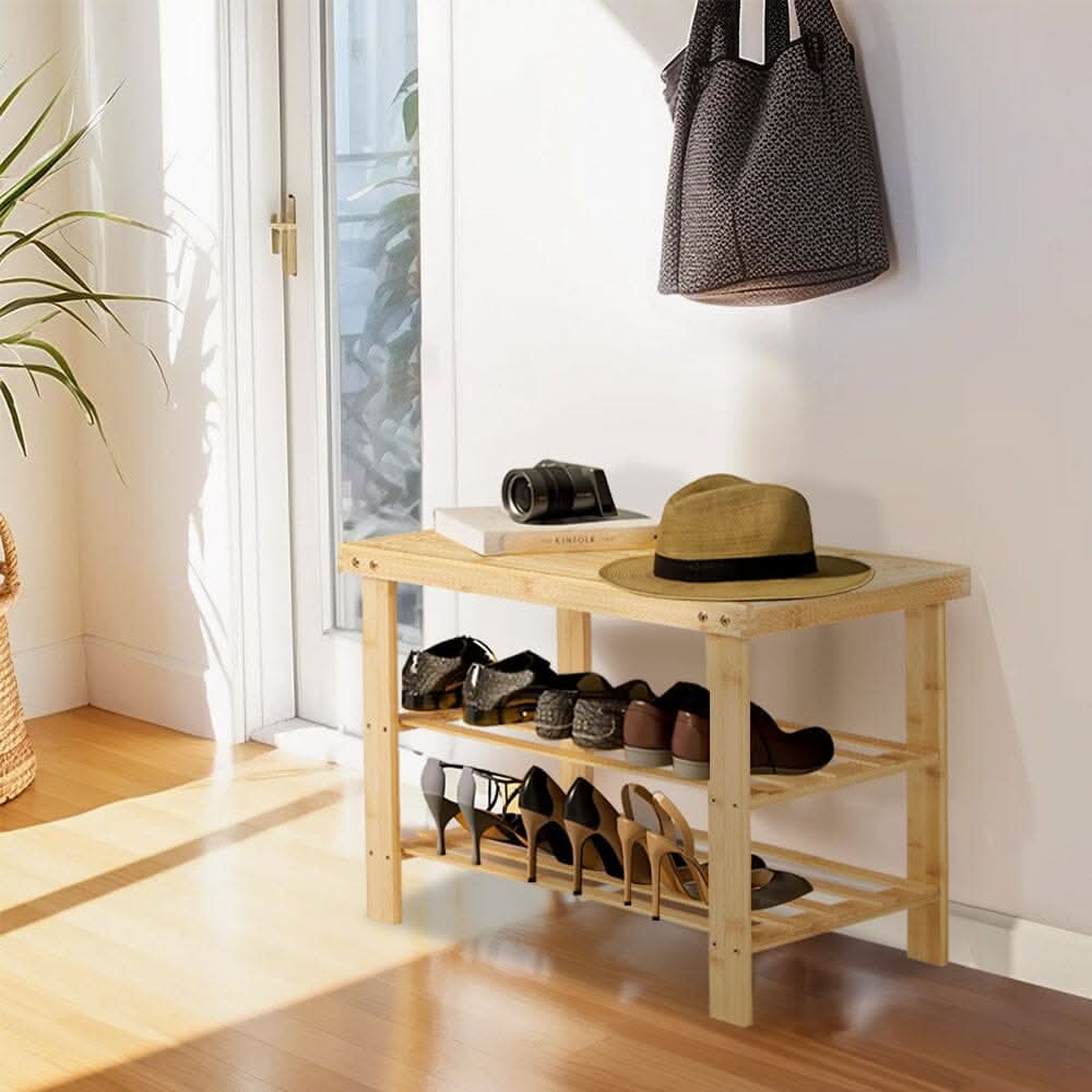 Natural Bamboo 3-Tier Shoe Rack Hallway Storage Organiser
