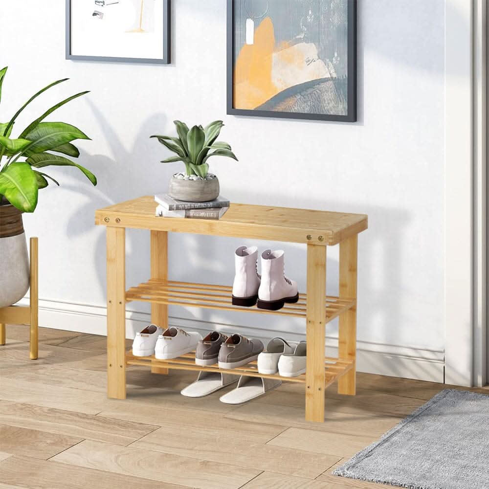 Natural Bamboo 3-Tier Shoe Rack Hallway Storage Organiser
