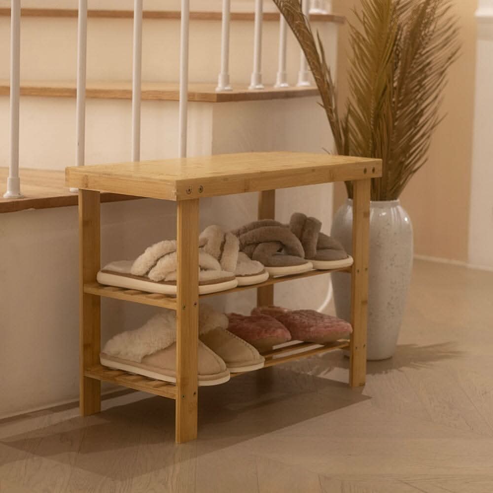 Natural Bamboo 3-Tier Shoe Rack Hallway Storage Organiser