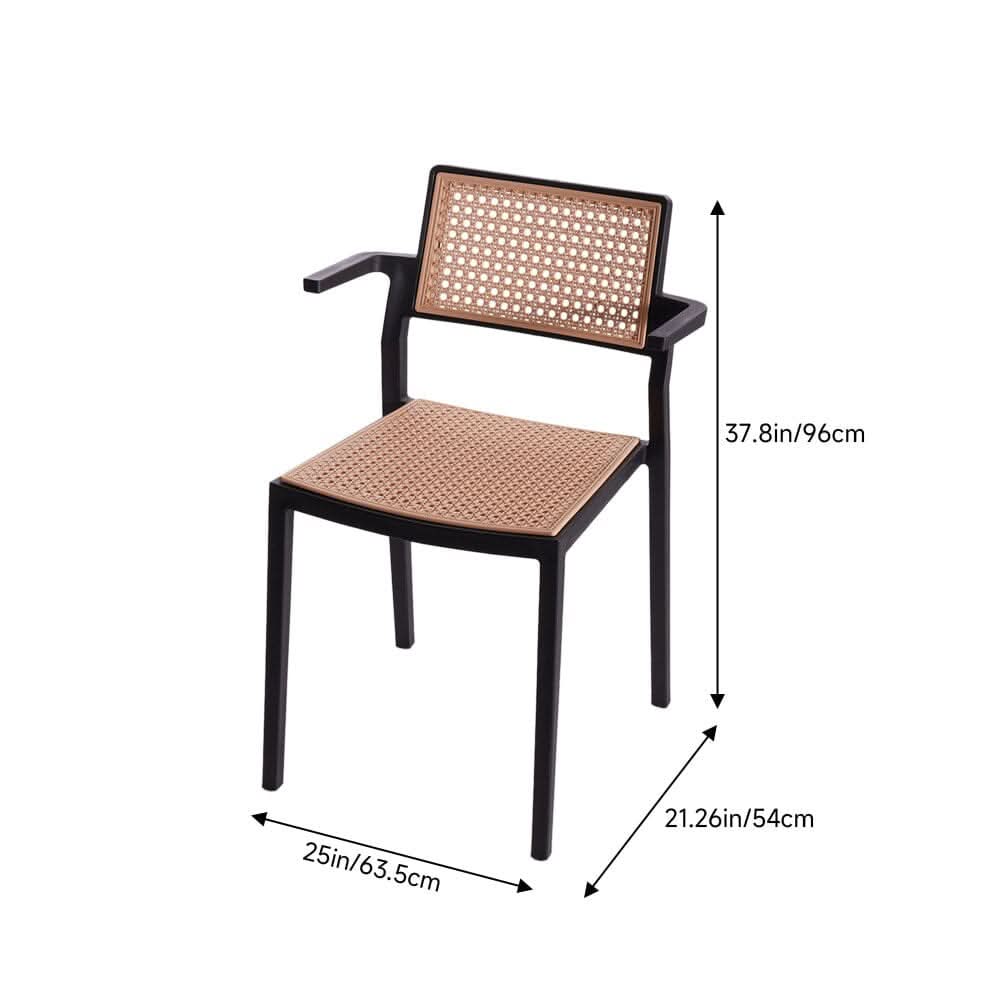 Stackable Plastic Rattan Look Dining Chairs with Armrests – Set of 4
