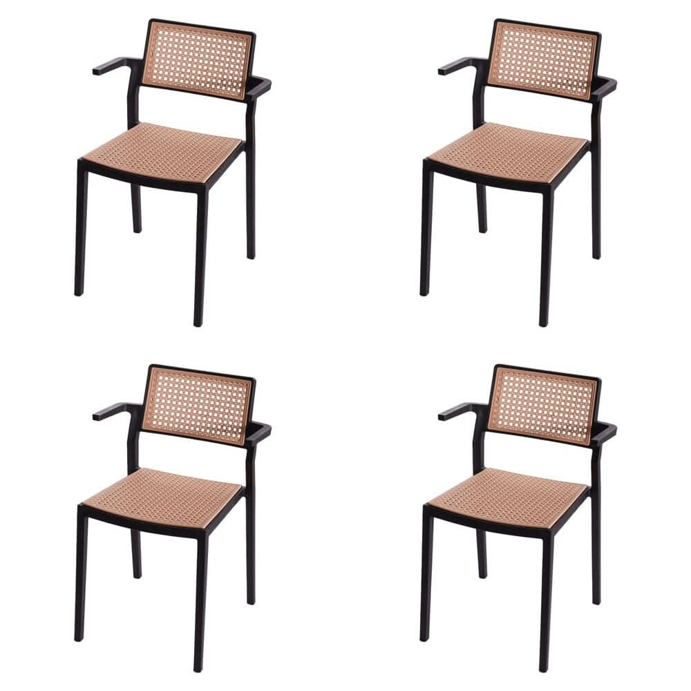 Stackable Plastic Rattan Look Dining Chairs with Armrests – Set of 4