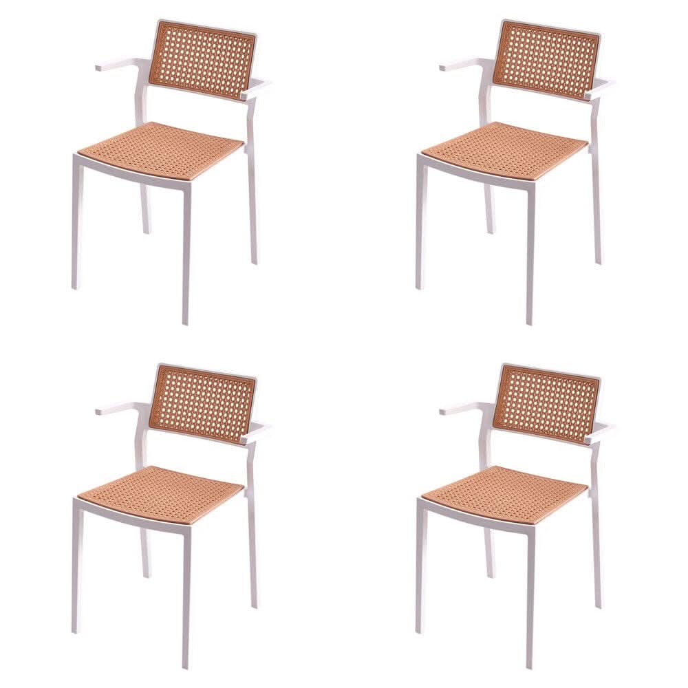Stackable Plastic Rattan Look Dining Chairs with Armrests – Set of 4