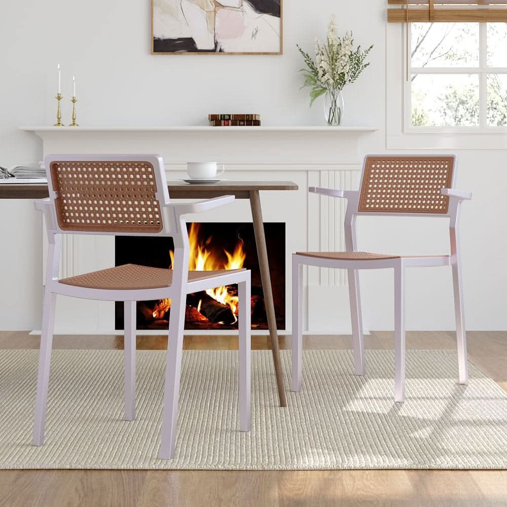 Stackable Plastic Rattan Look Dining Chairs with Armrests – Set of 4