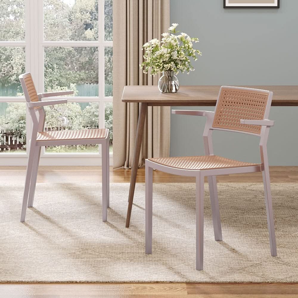 Stackable Plastic Rattan Look Dining Chairs with Armrests – Set of 4