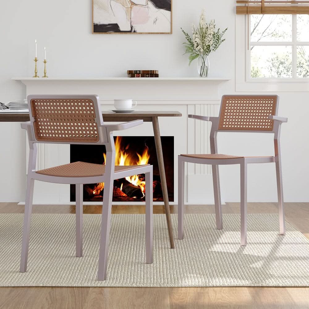 Stackable Plastic Rattan Look Dining Chairs with Armrests – Set of 4