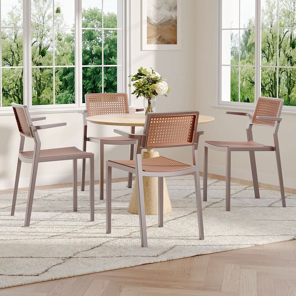 Stackable Plastic Rattan Look Dining Chairs with Armrests – Set of 4